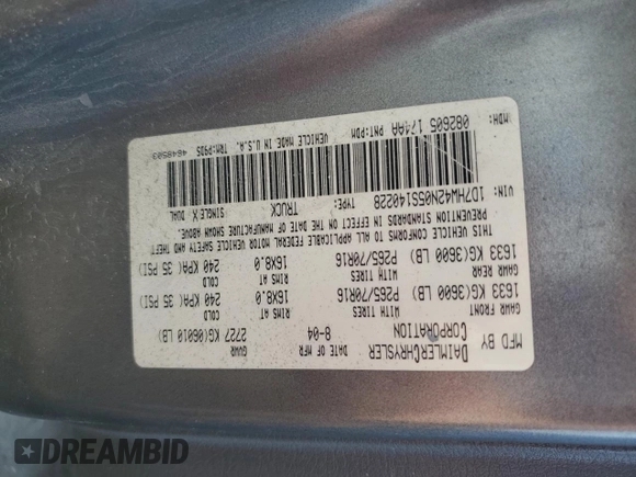 2005 Dodge Dakota SLT with VIN 1D7HW42N05S140228, listed as a Copart auction lot 62136055 with 191,663 mi miles and Clean title. Bid and sale history available at DreamBid. Image 12.