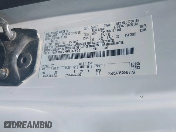 2017 Ford F-150 XL с VIN 1FTMF1CF7HKE37595, выставлен на аукционе IAAI как лот 42392847 с пробегом 250 772 миль миль и . История ставок и продаж доступна на DreamBid. Изображение 9.