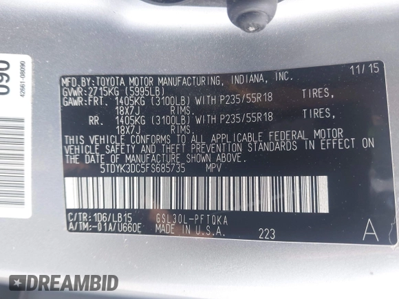 2015 Toyota Sienna XLE with VIN 5TDYK3DC5FS685735, listed as a IAAI auction lot 42139229 with 87,694 mi miles and . Bid and sale history available at DreamBid. Image 9.
