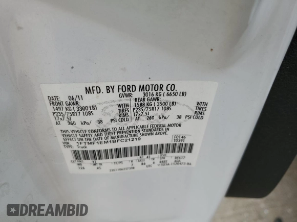 2011 Ford F-150 XL с VIN 1FTMF1EM1BFC21219, выставлен на аукционе Copart как лот 77888384 с пробегом 193 434 миль миль и Списание • Salvage title. История ставок и продаж доступна на DreamBid. Изображение 12.