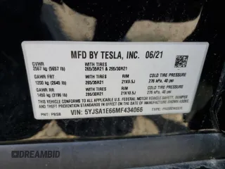 2021 Tesla Model S Plaid with VIN 5YJSA1E66MF434066, listed as a Copart auction lot 61648755 with Not provided miles and Salvage title. Bid and sale history available at DreamBid. Image 12.