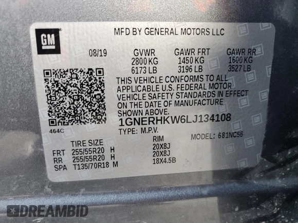 2020 Chevrolet Traverse LT with VIN 1GNERHKW6LJ134108, listed as a Copart auction lot 58661185 with 122,949 mi miles and Salvage title. Bid and sale history available at DreamBid. Image 13.