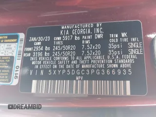 2023 Kia Telluride SX Prestige X-Pro with VIN 5XYP5DGC3PG366935, listed as a IAAI auction lot 41257675 with 23,943 mi miles and . Bid and sale history available at DreamBid. Image 9.