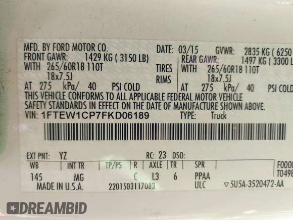 2015 Ford F-150 XL с VIN 1FTEW1CP7FKD06189, выставлен на аукционе IAAI как лот 42159530 с пробегом 132 369 миль миль и . История ставок и продаж доступна на DreamBid. Изображение 9.