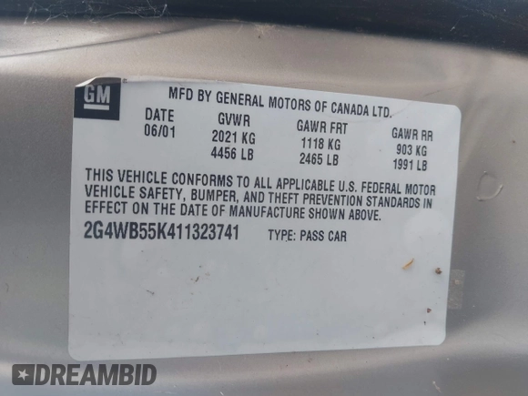 2001 Buick Regal LS with VIN 2G4WB55K411323741, listed as a IAAI auction lot 42242618 with 75,850 mi miles and . Bid and sale history available at DreamBid. Image 9.