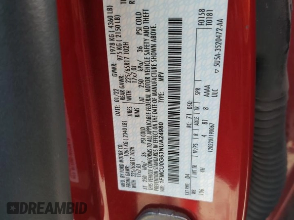 2022 Ford Escape SE z VIN 1FMCU0G63NUA24980, wystawiony jako Copart lot #42552545 z przebiegiem 56 063 mil mil oraz Szkoda całkowita • Salvage title. Historia ofert i sprzedaży dostępna na DreamBid. Obrazek 13.