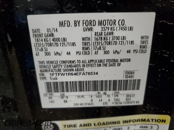 2014 Ford F-150 SVT Raptor with VIN 1FTFW1R64EFA78534, listed as a Copart auction lot 76998684 with 84,206 mi miles and Clean Title. Bid and sale history available at carsss.com. Image 12.