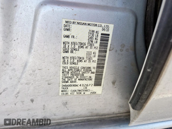 2010 Nissan Frontier SE с VIN 1N6AD0ER8AC432672, выставлен на аукционе Copart как лот 64134345 с пробегом 198 343 миль миль и Списание • Salvage title. История ставок и продаж доступна на DreamBid. Изображение 12.