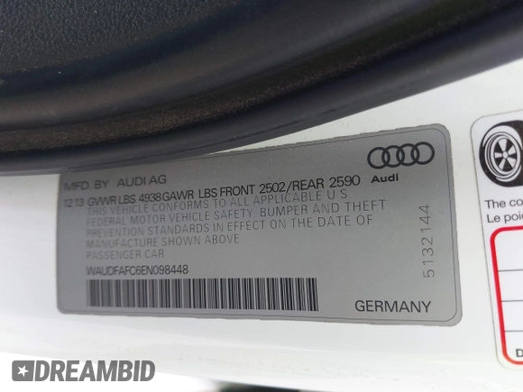 2014 Audi A6 Premium Plus with VIN WAUDFAFC6EN098448, listed as a IAAI auction lot 42579526 with 94,189 mi miles and . Bid and sale history available at DreamBid. Image 9.