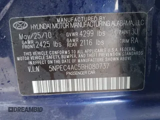 2011 Hyundai Sonata Limited with VIN 5NPEC4AC5BH080737, listed as a IAAI auction lot 41893204 with 126,033 mi miles and . Bid and sale history available at DreamBid. Image 9.