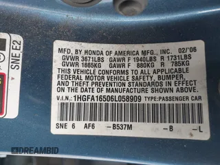 2006 Honda Civic LX with VIN 1HGFA16506L058909, listed as a IAAI auction lot 42077582 with 266,658 mi miles and . Bid and sale history available at DreamBid. Image 9.