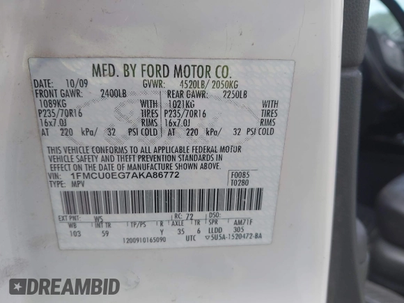 2010 Ford Escape Limited z VIN 1FMCU0EG7AKA86772, wystawiony jako IAAI lot #42660728 z przebiegiem 349 526 mil mil oraz . Historia ofert i sprzedaży dostępna na DreamBid. Obrazek 9.