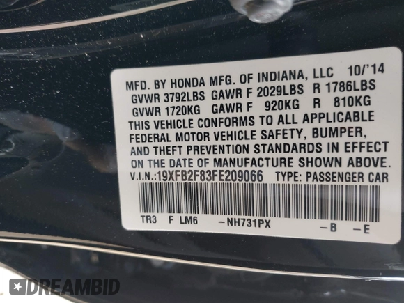 2015 Honda Civic EX with VIN 19XFB2F83FE209066, listed as a IAAI auction lot 41976108 with 96,996 mi miles and . Bid and sale history available at carsss.com. Image 9.
