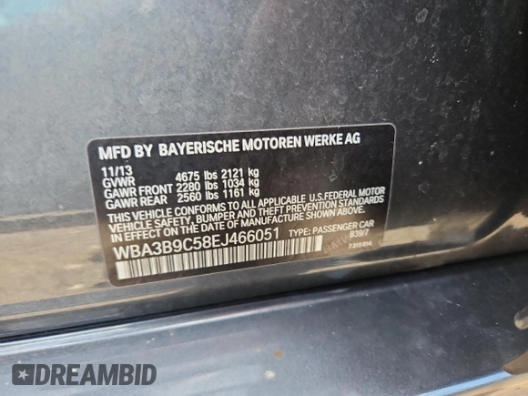 2014 BMW 3 Series 335i xDrive with VIN WBA3B9C58EJ466051, listed as a Copart auction lot 65060915 with Not provided miles and Salvage title. Bid and sale history available at DreamBid. Image 12.