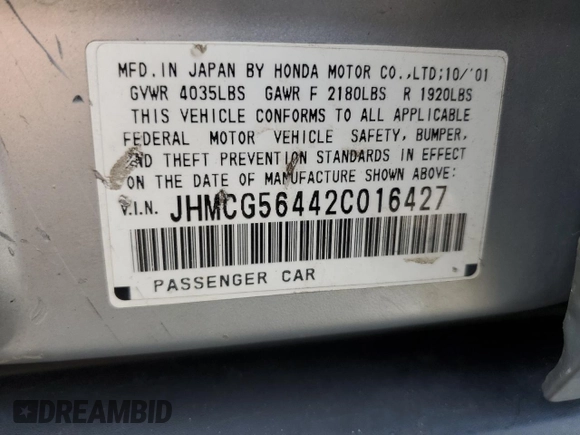 2002 Honda Accord LX z VIN JHMCG56442C016427, wystawiony jako Copart lot #57806335 z przebiegiem 176 816 mil mil oraz Szkoda całkowita • Salvage title. Historia ofert i sprzedaży dostępna na DreamBid. Obrazek 12.