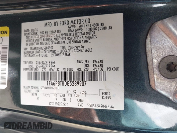 2016 Ford Mustang EcoBoost z VIN 1FA6P8TH0G5289907, wystawiony jako IAAI lot #42057565 z przebiegiem 129 917 mil mil oraz . Historia ofert i sprzedaży dostępna na DreamBid. Obrazek 9.
