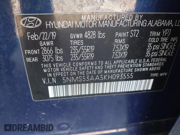 2019 Hyundai Santa Fe Ultimate with VIN 5NMS53AA5KH093555, listed as a IAAI auction lot 41665711 with 72,598 mi miles. Bid and sale history available at carsss.com. Image 9.