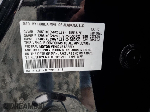 2017 Honda Pilot Elite with VIN 5FNYF6H0XHB019211, listed as a Copart auction lot 62426475 with 69,205 mi miles and Salvage title. Bid and sale history available at DreamBid. Image 13.