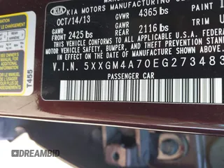 2014 Kia Optima LX with VIN 5XXGM4A70EG273483, listed as a IAAI auction lot 42402765 with 129,770 mi miles and . Bid and sale history available at DreamBid. Image 9.