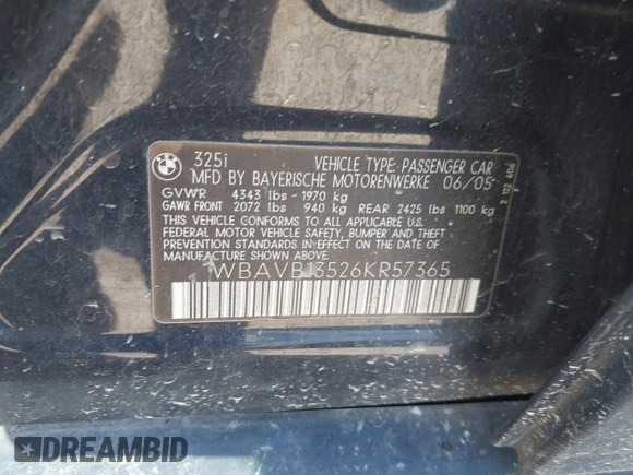 2006 BMW 3 Series 325i with VIN WBAVB13526KR57365, listed as a IAAI auction lot 41778619 with Not provided miles and . Bid and sale history available at DreamBid. Image 9.
