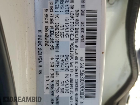 2017 Mazda CX-9 Grand Touring z VIN JM3TCADYXH0127867, wystawiony jako Copart lot #82352204 z przebiegiem 129 349 mil mil oraz Szkoda całkowita • Salvage title. Historia ofert i sprzedaży dostępna na DreamBid. Obrazek 13.