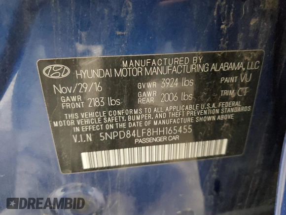 2017 Hyundai Elantra Limited with VIN 5NPD84LF8HH165455, listed as a Copart auction lot 54668785 with 145,968 mi miles and Non Repairable. Bid and sale history available at DreamBid. Image 13.