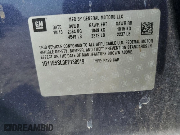 2014 Chevrolet Malibu LT with VIN 1G11E5SL0EF138919, listed as a Copart auction lot 50088585 with Not Provided miles and Salvage Title. Bid and sale history available at DreamBid. Image 12.