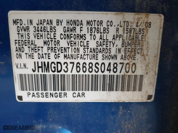 2008 Honda Fit Sport with VIN JHMGD37668S048700, listed as a IAAI auction lot 41652433 with 124,109 mi miles. Bid and sale history available at carsss.com. Image 9.