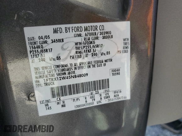 2005 Ford F-150 STX with VIN 1FTRX12W45NB48009, listed as a Copart auction lot 50351005 with 0 mi miles and Salvage Title. Bid and sale history available at carsss.com. Image 14.