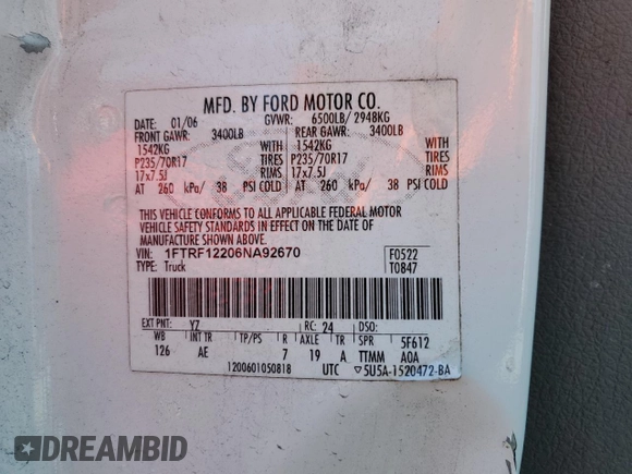 2006 Ford F-150 XL with VIN 1FTRF12206NA92670, listed as a Copart auction lot 62556185 with 127,068 mi miles and Non repairable. Bid and sale history available at DreamBid. Image 12.