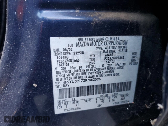2002 Mazda Tribute LX with VIN 4F2YU09172KM62596, listed as a Copart auction lot 76912034 with 225,892 mi miles and Salvage Title. Bid and sale history available at carsss.com. Image 24.