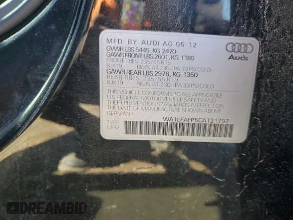 2012 Audi Q5 Premium Plus с VIN WA1LFAFP5CA121797, выставлен на аукционе Copart как лот 66576955 с пробегом 113 216 миль миль и Чистый • Clean title. История ставок и продаж доступна на DreamBid. Изображение 12.