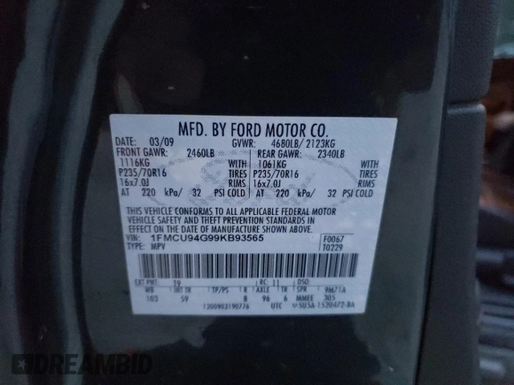 2009 Ford Escape Limited with VIN 1FMCU94G99KB93565, listed as a Copart auction lot 83272934 with 125,983 mi miles and Clean title. Bid and sale history available at DreamBid. Image 13.