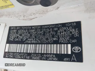2019 Toyota C-HR XLE z VIN JTNKHMBX3K1029701, wystawiony jako IAAI lot #42023964 z przebiegiem 83 055 mil mil oraz . Historia ofert i sprzedaży dostępna na DreamBid. Obrazek 9.