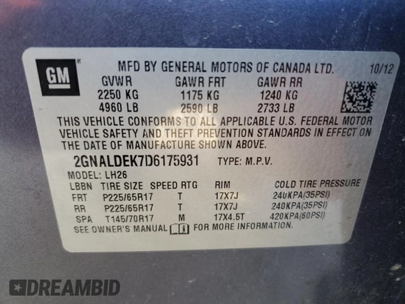 2013 Chevrolet Equinox LT with VIN 2GNALDEK7D6175931, listed as a Copart auction lot 86222424 with 146,932 mi miles and Non Repairable. Bid and sale history available at carsss.com. Image 15.