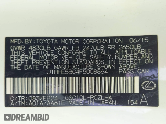 2015 Lexus RC 350 F Sport with VIN JTHHE5BC4F5008864, listed as a IAAI auction lot 42624291 with 103,427 mi miles and . Bid and sale history available at DreamBid. Image 9.