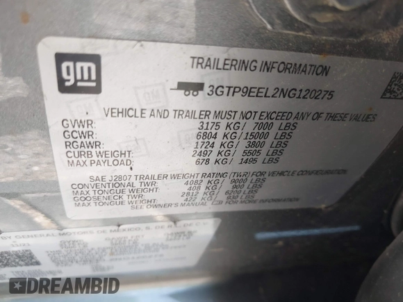 2022 GMC Sierra 1500 AT4 with VIN 3GTP9EEL2NG120275, listed as a IAAI auction lot 42009145 with 54,721 mi miles and . Bid and sale history available at DreamBid. Image 9.