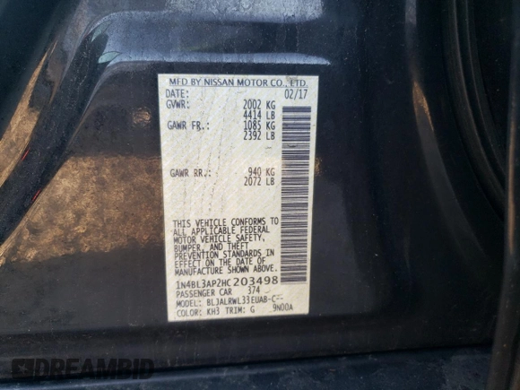 2017 Nissan Altima SL with VIN 1N4BL3AP2HC203498, listed as a Copart auction lot 43501685 with 121,747 mi miles and Salvage title. Bid and sale history available at DreamBid. Image 12.