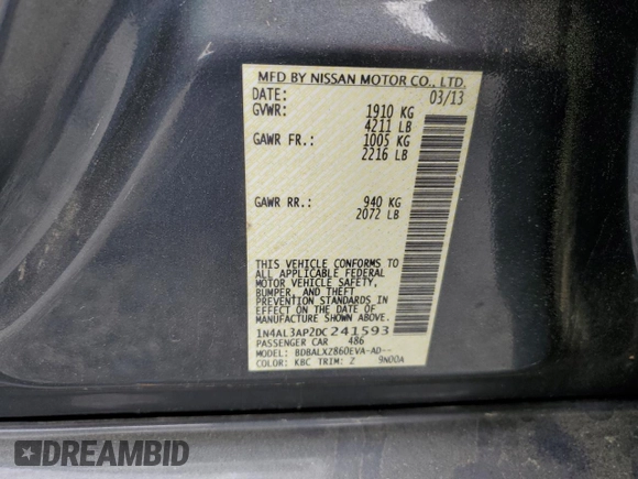 2013 Nissan Altima S with VIN 1N4AL3AP2DC241593, listed as a Copart auction lot 53140335 with 96,700 mi miles and Salvage Title. Bid and sale history available at DreamBid. Image 12.