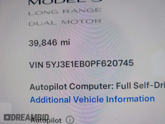 2023 Tesla Model 3 Long Range with VIN 5YJ3E1EB0PF620745, listed as a IAAI auction lot 42010603 with 39,846 mi miles and . Bid and sale history available at DreamBid. Image 16.