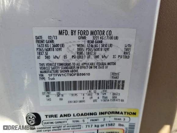 2013 Ford F-150 XL with VIN 1FTFW1CT9DFB59610, listed as a Copart auction lot 87694995 with 131,727 mi miles and Clean Title. Bid and sale history available at carsss.com. Image 12.