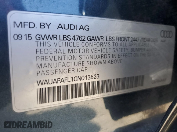 2016 Audi A4 Premium with VIN WAUAFAFL1GN013523, listed as a Copart auction lot 48074235 with 61,787 mi miles and Salvage Title. Bid and sale history available at carsss.com. Image 13.