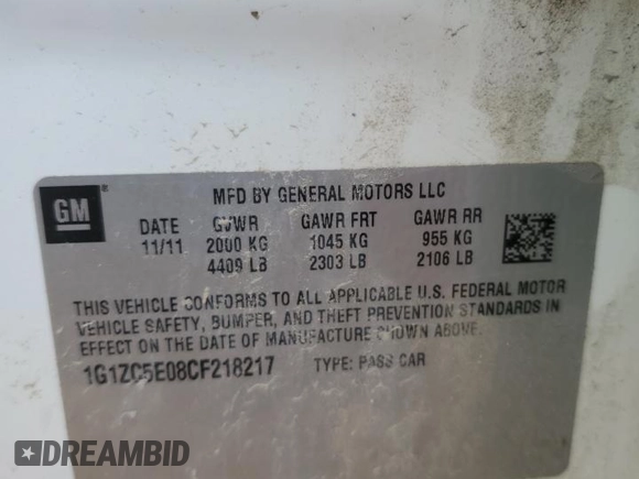 2012 Chevrolet Malibu 1LT with VIN 1G1ZC5E08CF218217, listed as a Copart auction lot 53993005 with 189,370 mi miles and Clean Title. Bid and sale history available at DreamBid. Image 12.