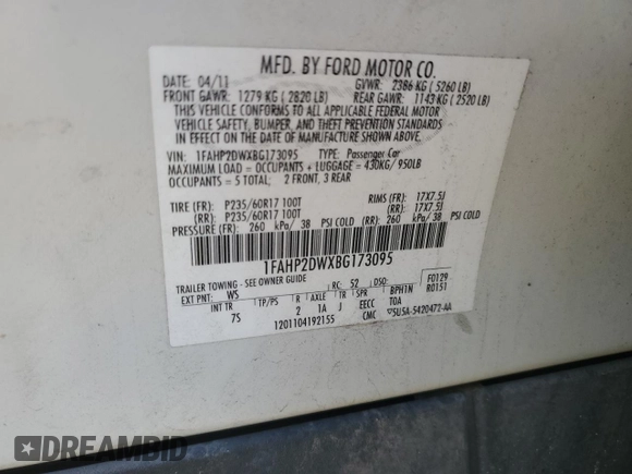 2011 Ford Taurus SE with VIN 1FAHP2DWXBG173095, listed as a Copart auction lot 89089415 with 136,305 mi miles and Clean Title. Bid and sale history available at DreamBid. Image 12.