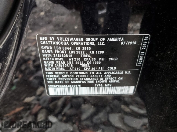2019 Volkswagen Atlas S z VIN 1V2AP2CA5KC589675, wystawiony jako Copart lot #85564084 z przebiegiem 54 915 mil mil oraz Szkoda całkowita • Salvage title. Historia ofert i sprzedaży dostępna na DreamBid. Obrazek 14.