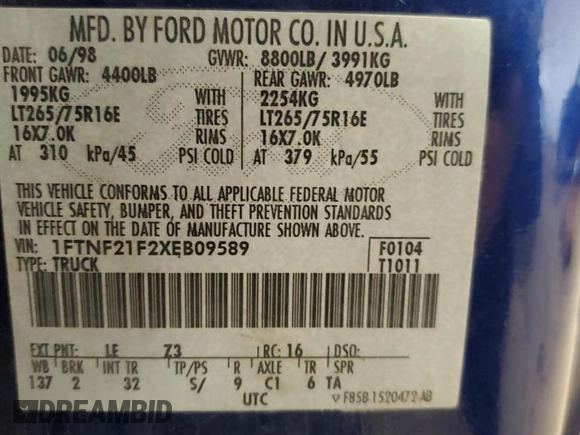 1999 Ford Super Duty F-250 XL with VIN 1FTNF21F2XEB09589, listed as a Copart auction lot 50700795 with 292,135 mi miles and Salvage Title. Bid and sale history available at carsss.com. Image 12.
