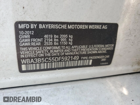 2013 BMW 3 Series 328i xDrive with VIN WBA3B5C55DF592149, listed as a Copart auction lot 59228605 with Not provided miles and Salvage title. Bid and sale history available at DreamBid. Image 12.