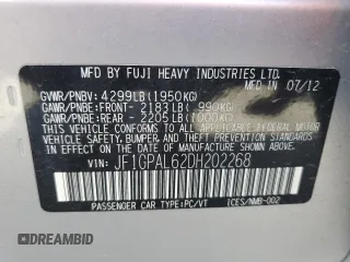 2013 Subaru Impreza Special Sports Premium with VIN JF1GPAL62DH202268, listed as a Copart auction lot 60557445 with 99,034 mi miles and Salvage title. Bid and sale history available at DreamBid. Image 12.