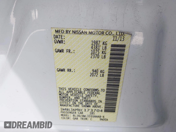 2014 Nissan Altima SL z VIN 1N4BL3AP9EC173704, wystawiony jako IAAI lot #42300470 z przebiegiem 139 036 mil mil oraz . Historia ofert i sprzedaży dostępna na DreamBid. Obrazek 9.