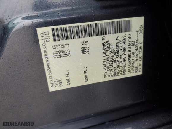 2011 Nissan Maxima 3.5 S with VIN 1N4AA5AP8BC839797, listed as a Copart auction lot 86000164 with 78,716 mi miles and Salvage Title. Bid and sale history available at carsss.com. Image 12.